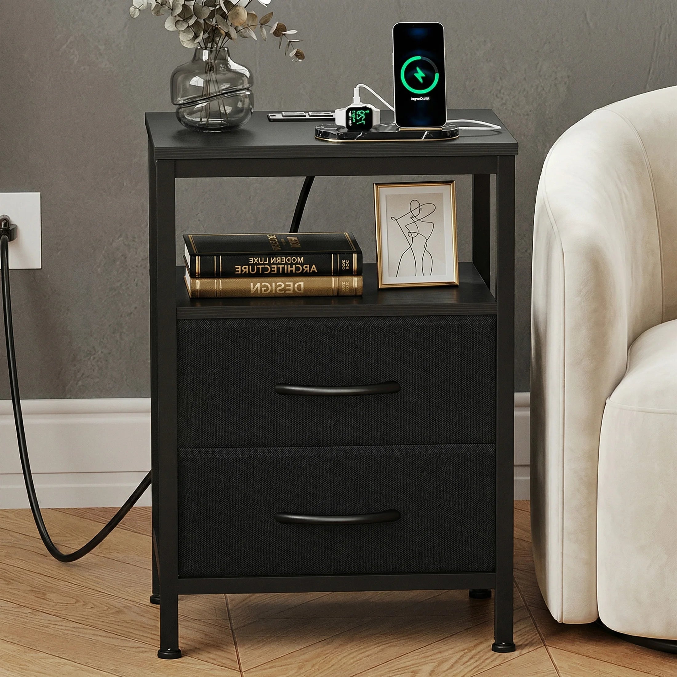 Nightstand with Charging Station, 2 Fabric Drawers & Shelf