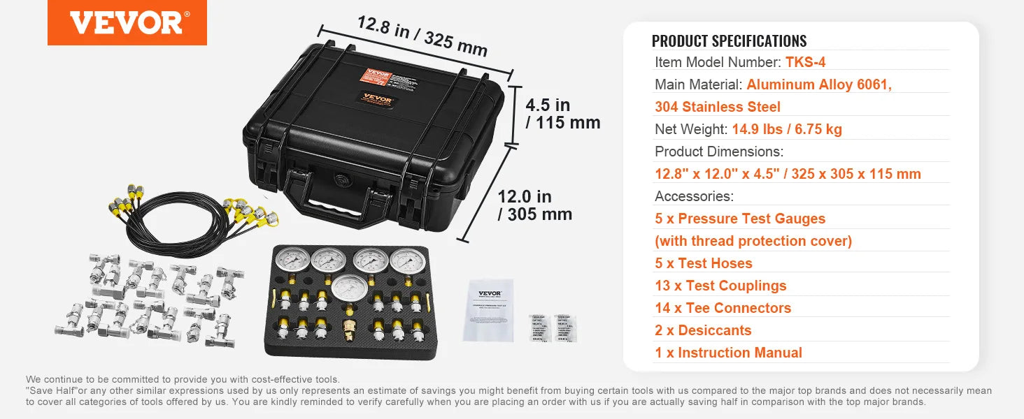 Sada pro testování hydraulického tlaku s 5 manometry a kompletní sadou adaptérů