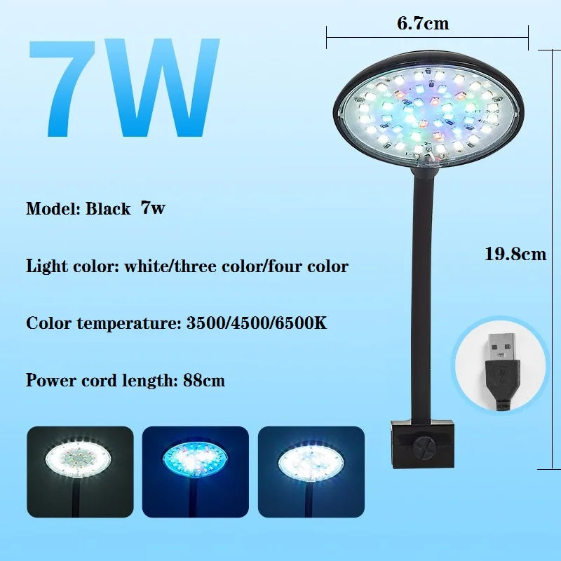 USB Clip-On Aquarium LED Light, 5W or 7W, Black or White