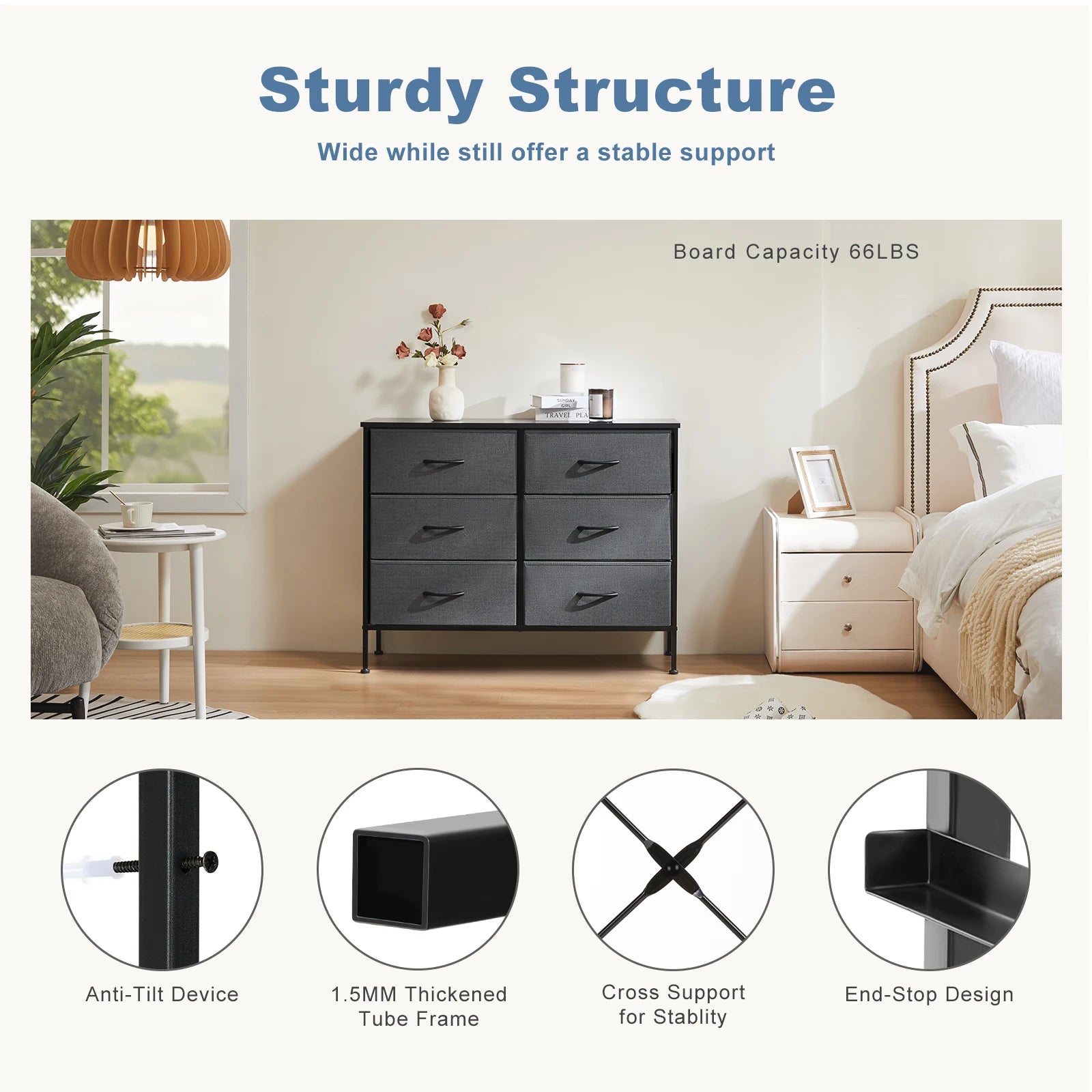 6 Drawer Fabric Nightstand with Metal Frame and Wooden Top