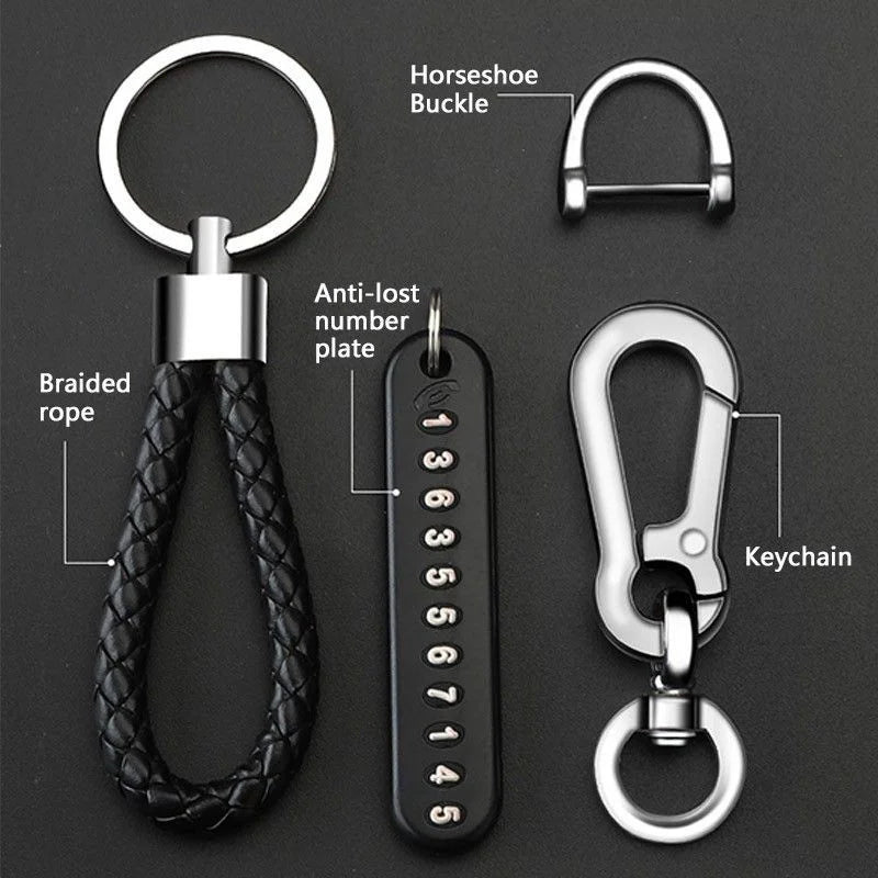 SEAMETAL Luxury Car Key Ring with Phone Number Plate Anti Lost Key Chain Alloy Hook Buckle Universal Keychain with Braided Rope