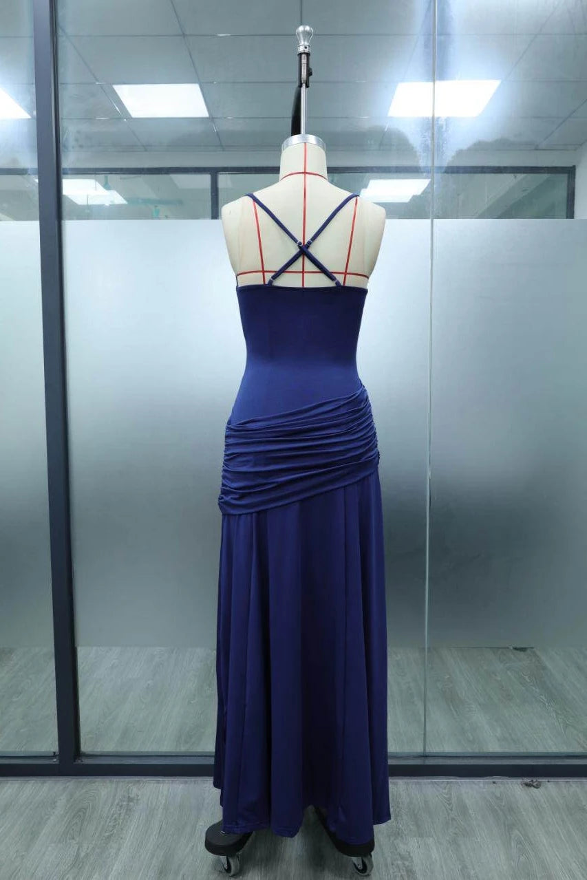 Women’s Elegant Ruched Backless Maxi Dress with Square Neck