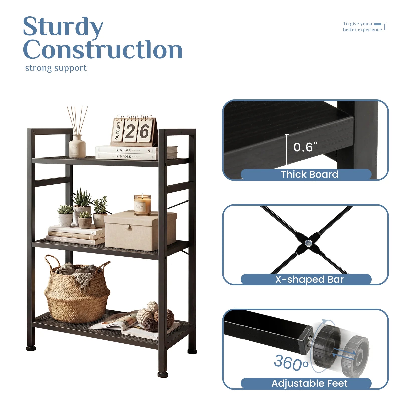 5 Tier Wooden Bookshelf with Metal Frame Tall Storage Display Shelf