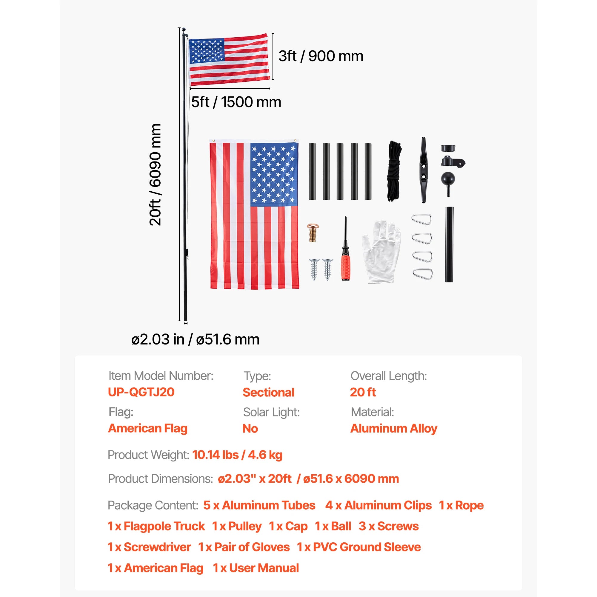 16/20/25/30ft In-Ground Aluminum Flag Pole Kit with Flag