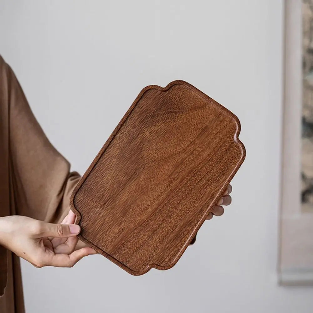 Walnut Round and Leaf Tea Tray, Retro Wooden Serving Platter