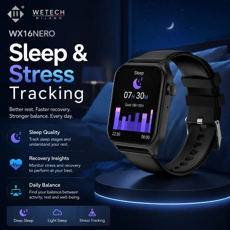 For Android IOS Users WETECH WX16 Smart Watch Bluetooth Call Internal Mic Touch Screen 123 Sport Modes Heart Sleep Stress Tracking Fitness Wristwatch 7-Day Battery White Black Two Colors Available