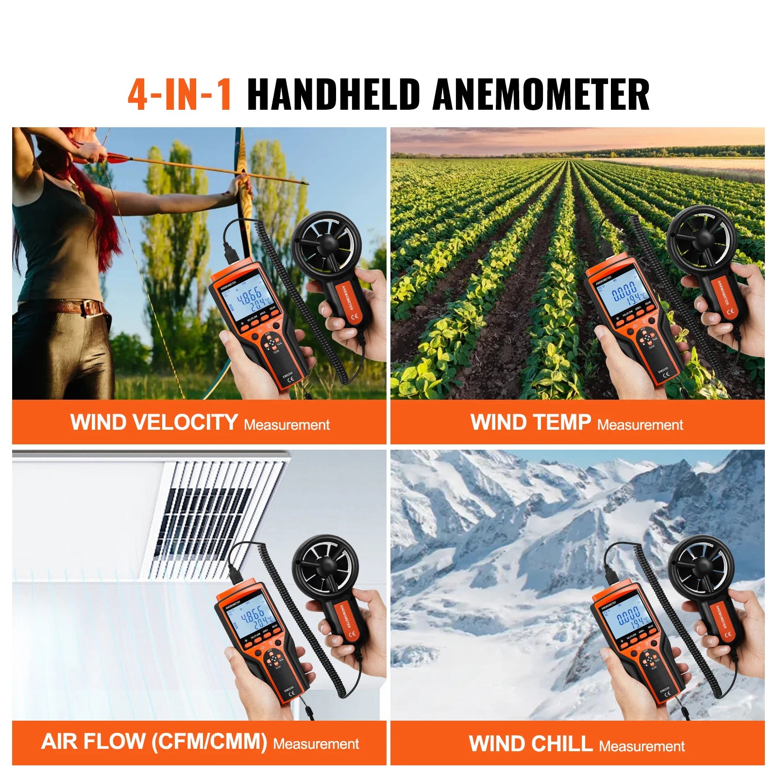 Handheld Digital Anemometer with LED Display Wind Speed CFM Meter
