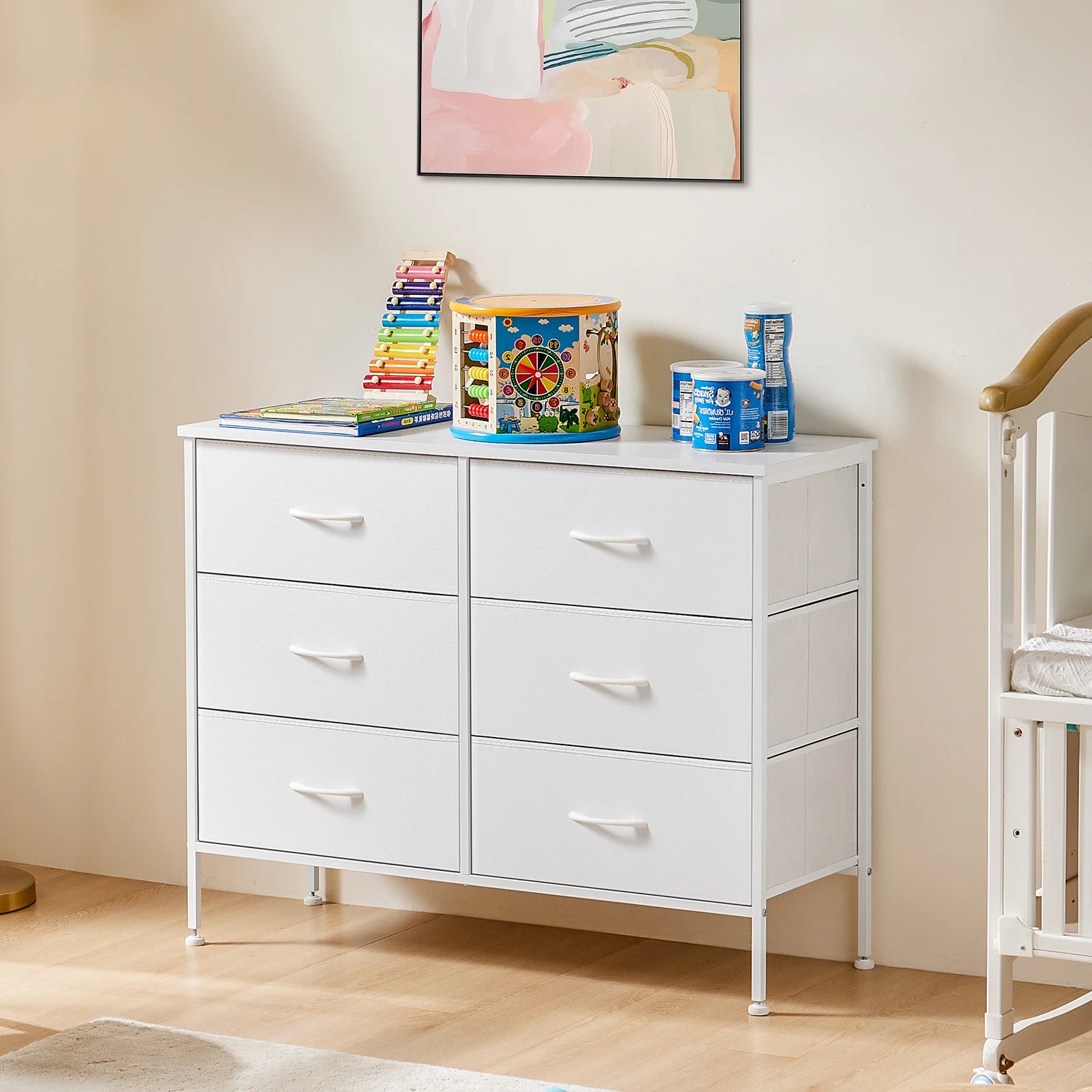 6 Drawer Fabric Dresser Nightstand with Wooden Top Storage Unit