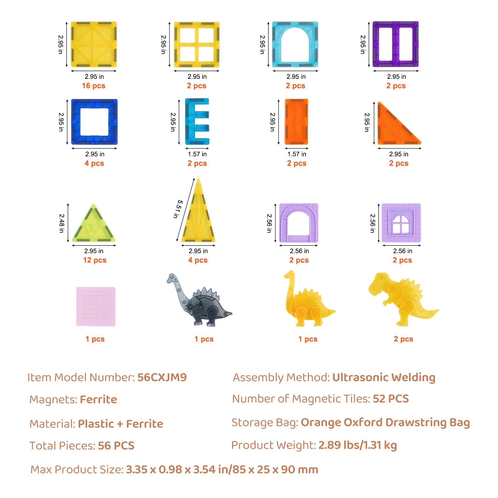 56PCS Magnetic Tiles Building Set with Dinosaur Figures for Kids