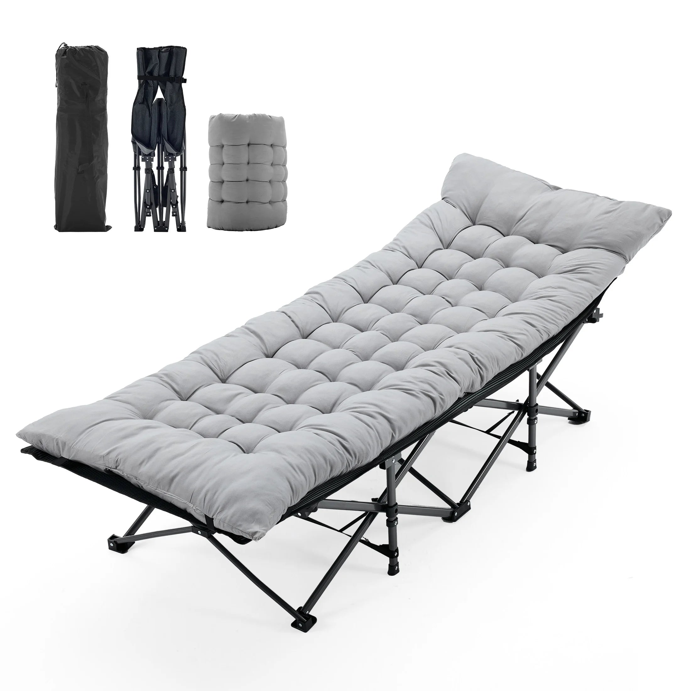 Folding Camping Lounge Chair Bed with Cushion, 440 lbs Support