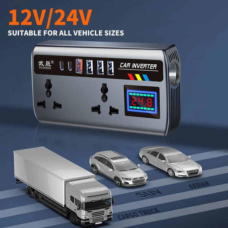 Portable Car Power Inverter 12V/24V to 110V/220V with 4 USB Ports