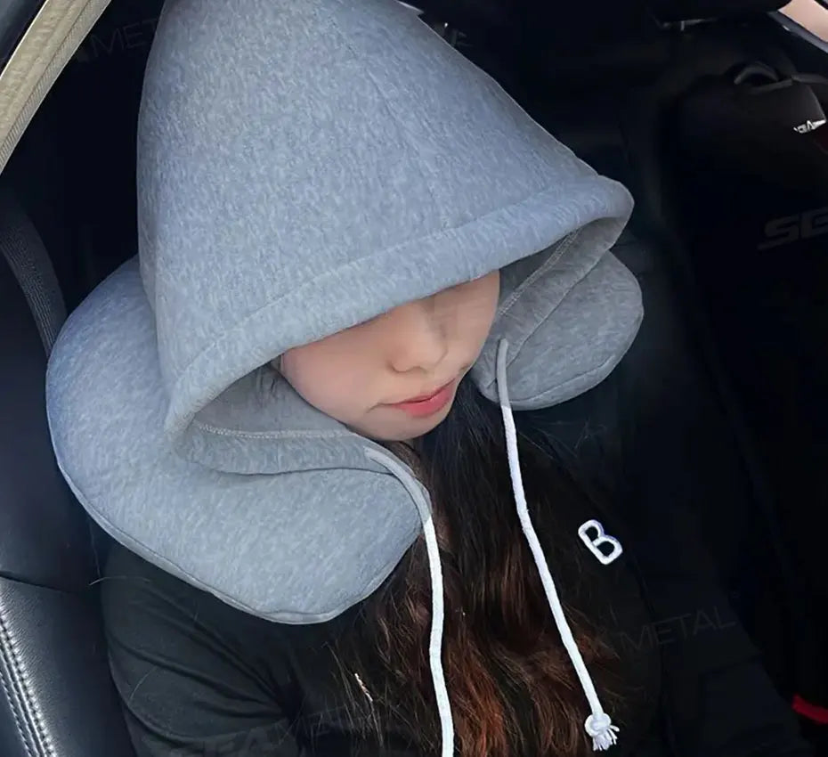 SEAMETAL Portable Neck Pillow for Long Travel U-Shape Neck Rest Pillow with Hood Privacy Protection Passenger Headrest Pillow