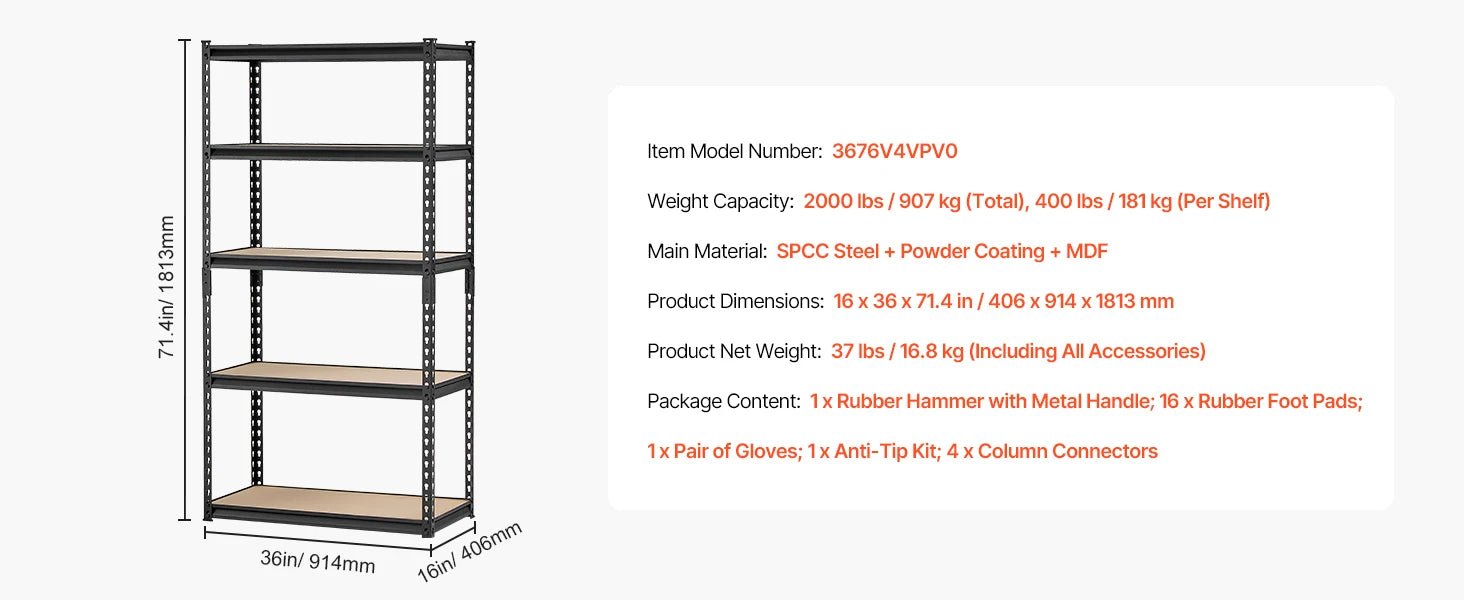 5-Tier Metal Garage Shelving Unit 2000 lbs Capacity Adjustable Rack