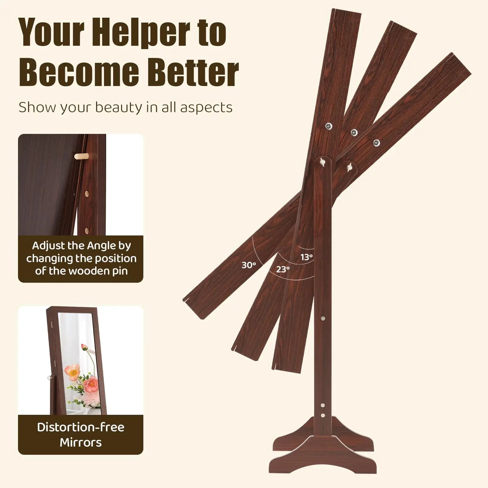 Full-Length Jewelry Armoire Mirror with Lockable Storage Cabinet