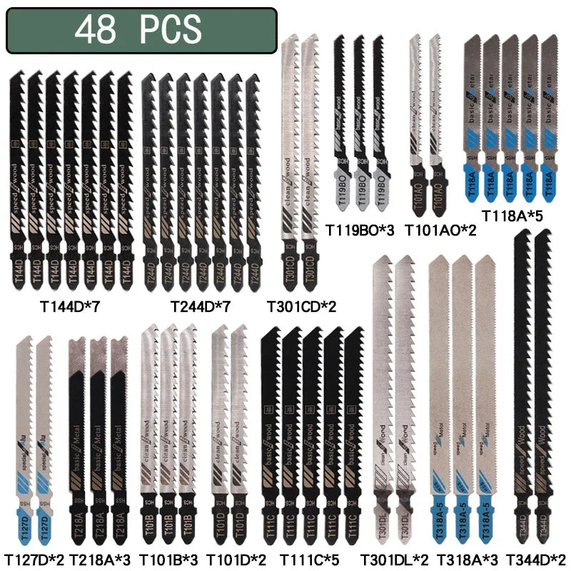 10/20/35/48Pcs T-Shaft Jigsaw Blades HCS Assorted Jig Saw Blades For Wood Plastic Metal Cutting T119B T111C T218A T118A T118B 