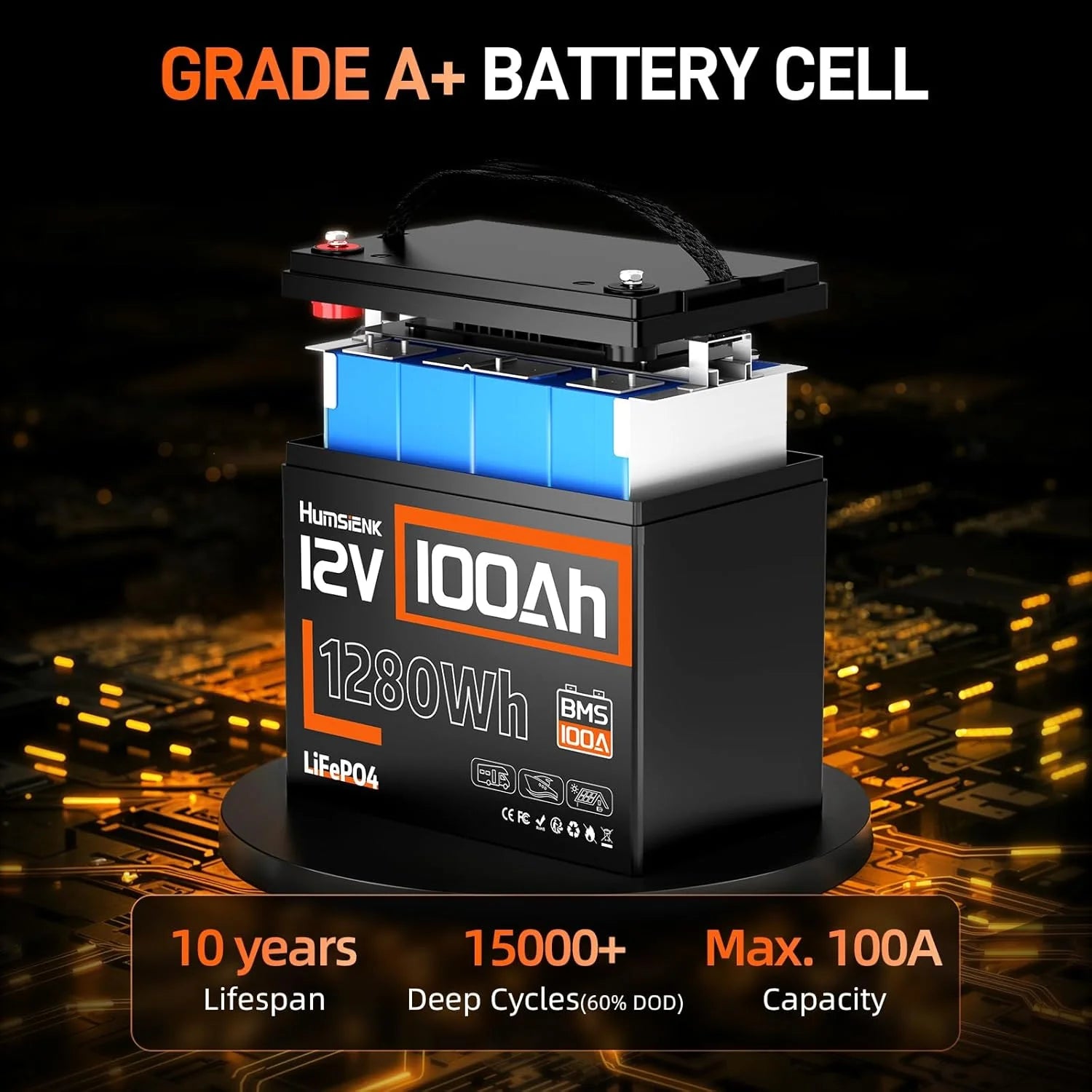 Humsienk 12V LiFePO4 Battery for Solar, RV, Marine Use