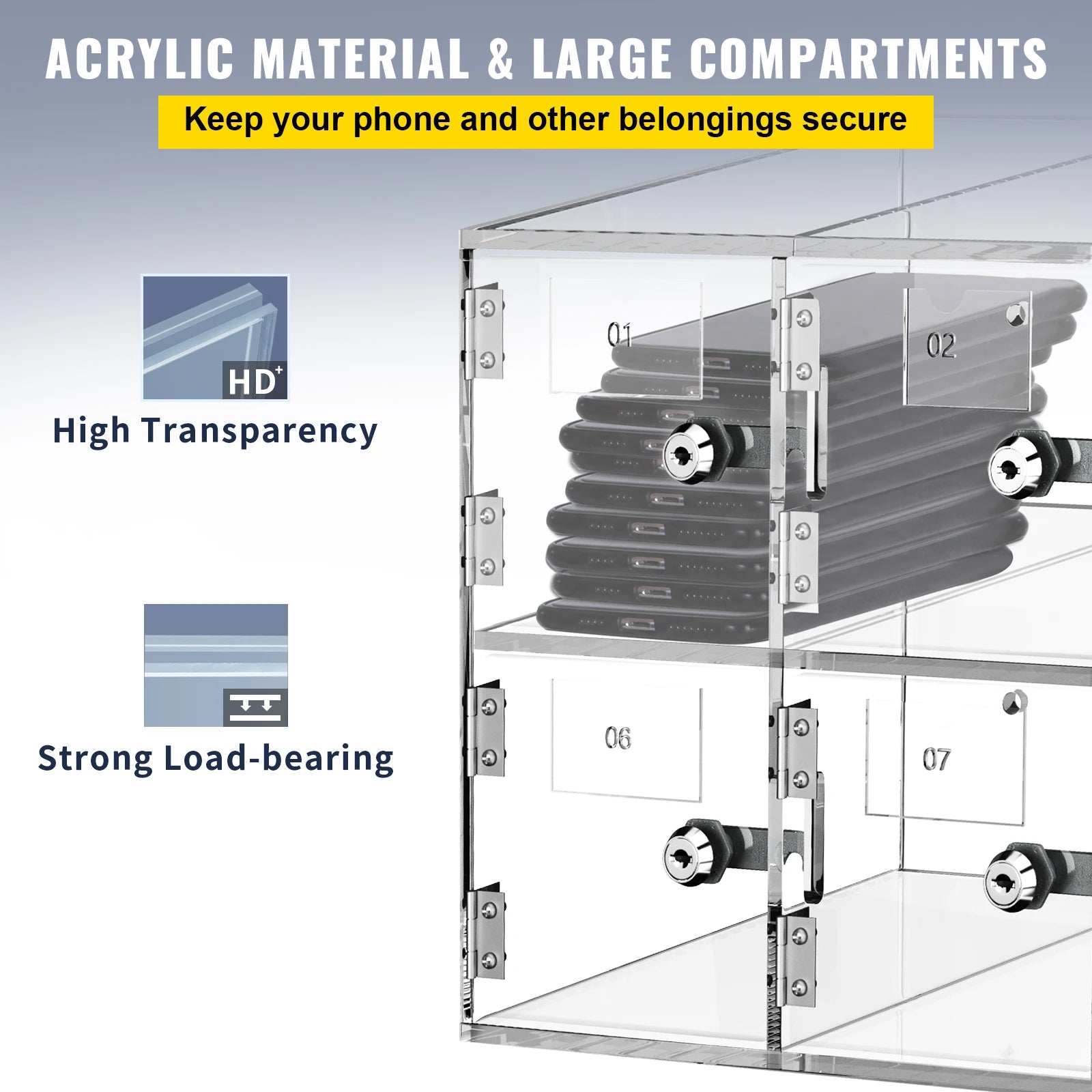 Lockable Cell Phone Storage Locker with 10/20 Slots Acrylic Cabinet