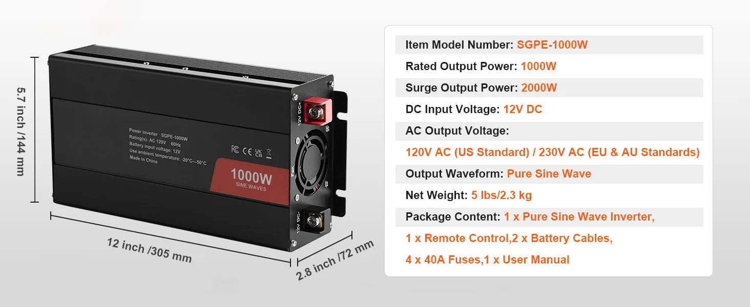 Czysty falownik sinusoidalny 1000W–3000W z pilotem i portami USB