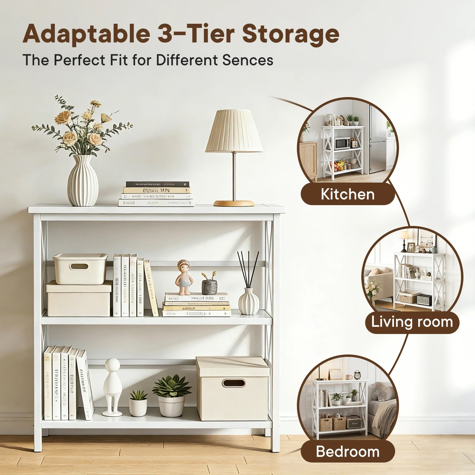 3 Tier Bookshelf Storage Rack with Heavy-Duty Shelves and X-Frame