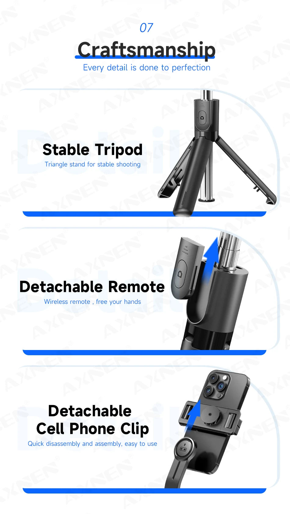 Selfie Stick Tripod with Detachable Bluetooth Remote, 360° Rotation,Extendable Pole, Fill Light Option, for iPhone Android Phone