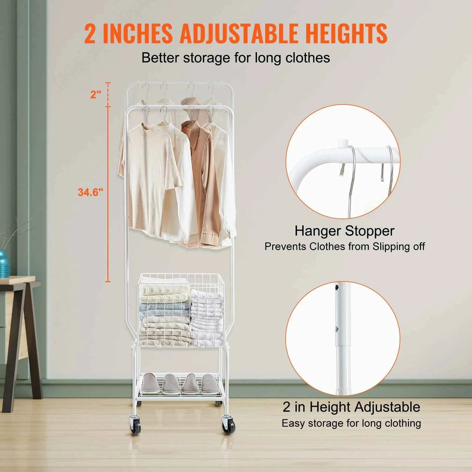 VEVOR Height Adjustment Laundry Hamper Cart with Basket Load and Shelf Load Storage Organizer with Heavy Duty Lockable Wheels