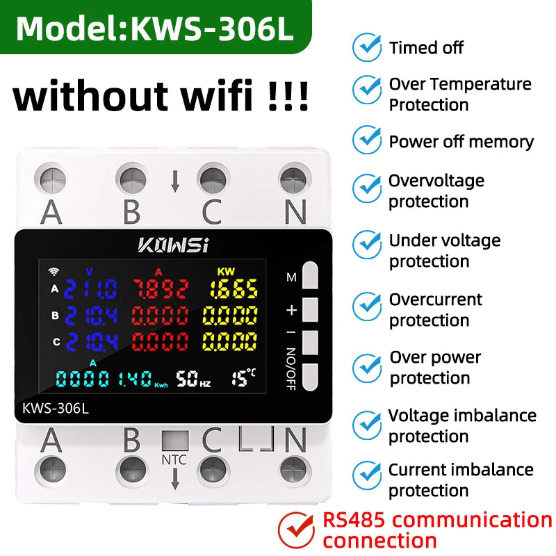 WiFi Güç Enerji Ölçer AC Monitör 3 Faz Koruma ile