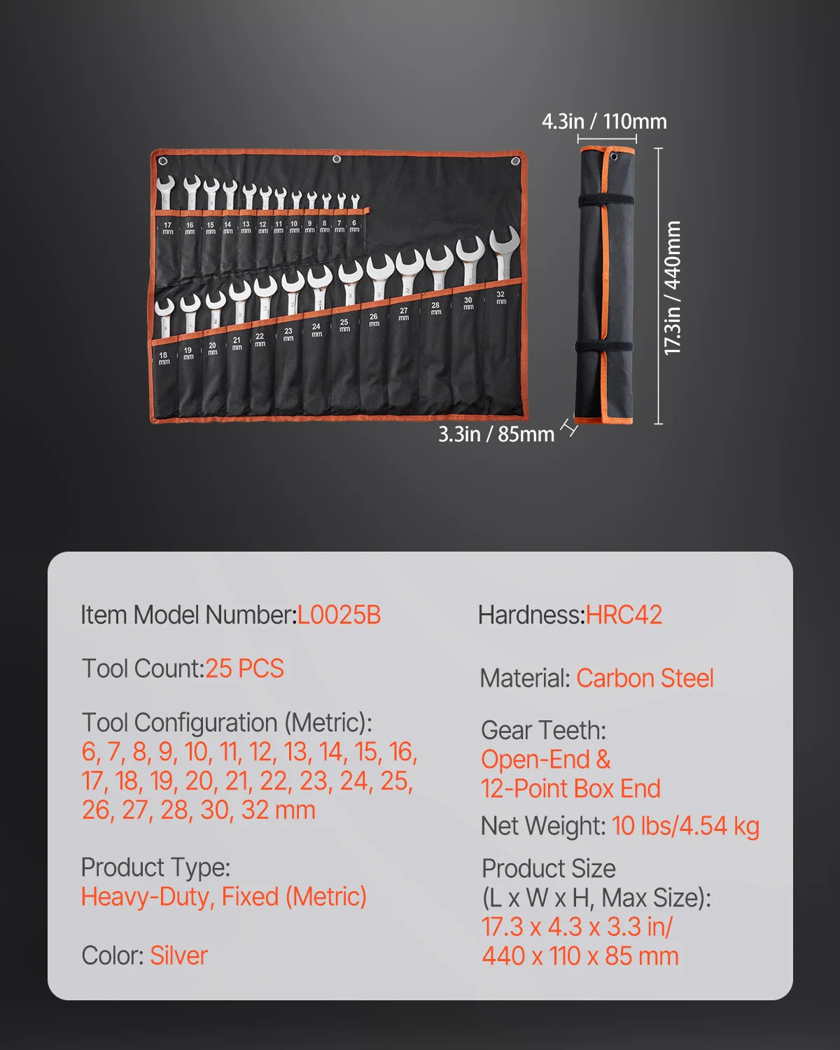 25-Piece Combination Wrench Set with Roll-Up Pouch, Metric 6 mm to 32 mm, Carbon Steel