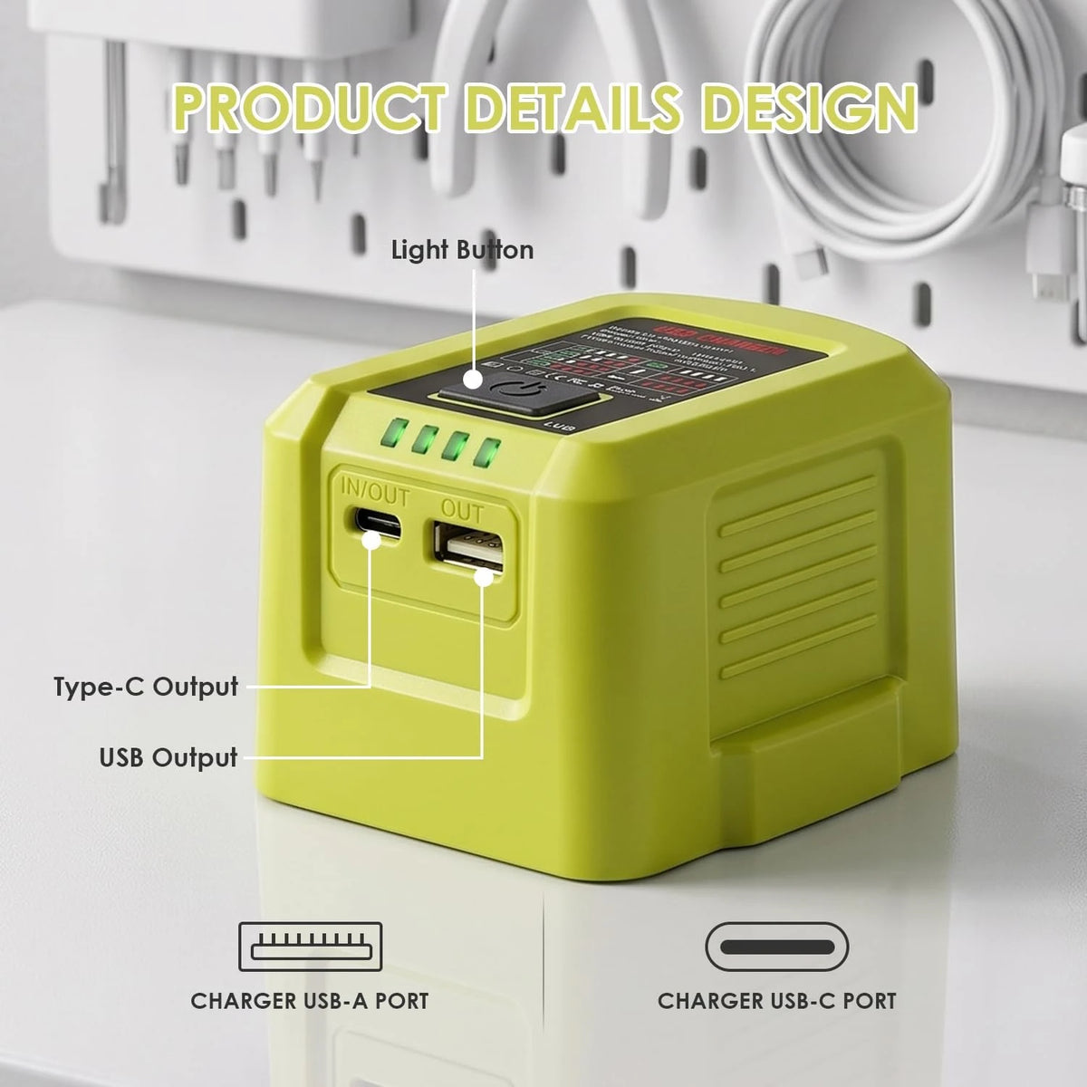 100W bærbar USB-batterioplader til Ryobi ONE+ 18V - USB-C og USB-A