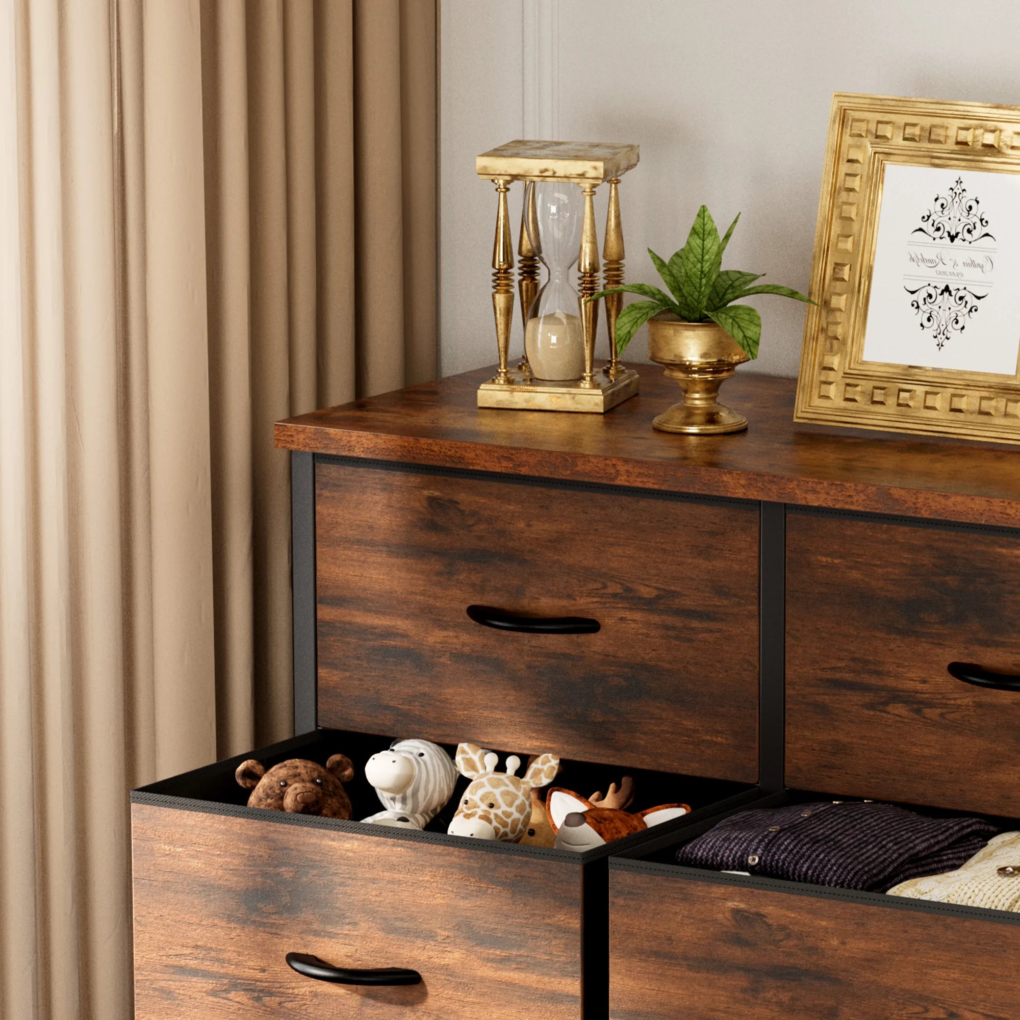 6 Drawer Fabric Dresser Nightstand with Wooden Top Storage Unit