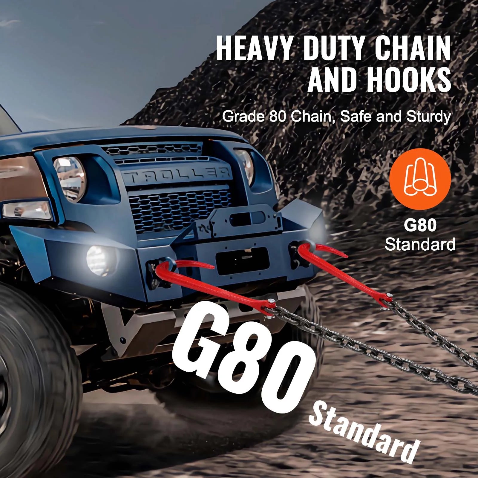 G80 V Bridle Tow Chain with J Hooks & Grab Hooks 15600 lbs
