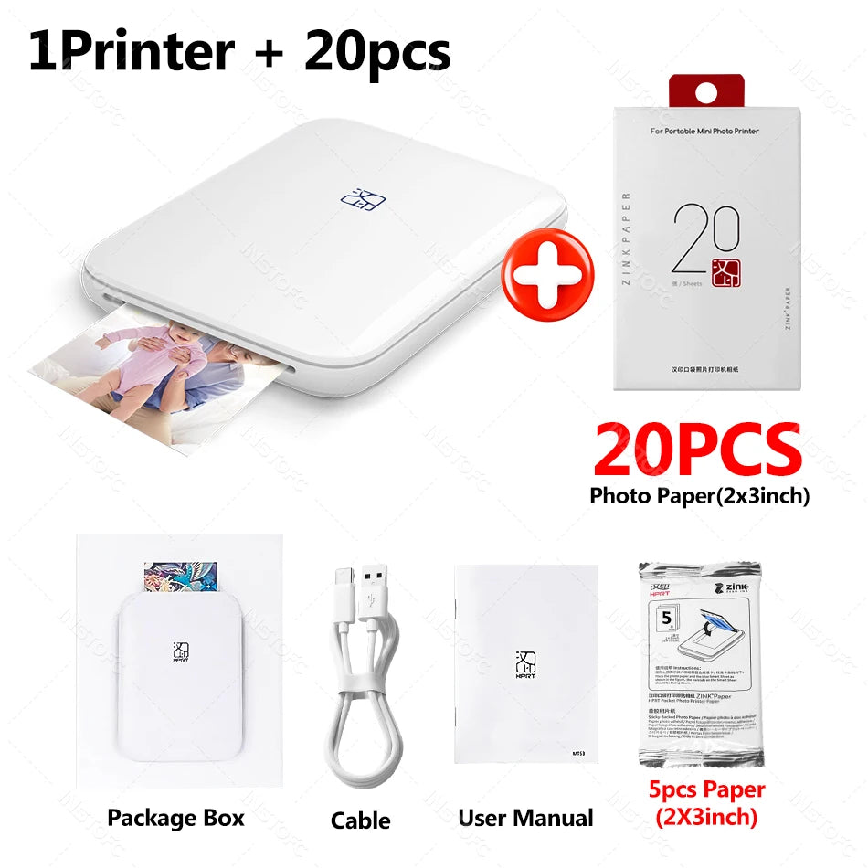 MT53 Bluetooth Pocket Photo Printer & 2 × 3 in Paper Options