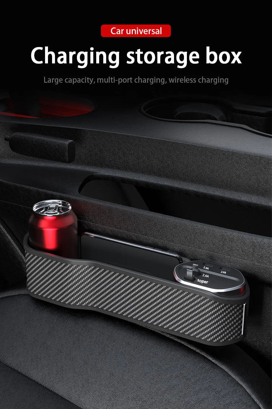 Car Seat Gap Organizer with Wireless Charging and Storage Box