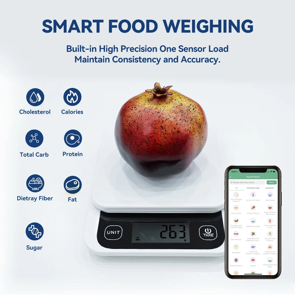Smart køkkenvægt til ernæring, kapacitet på 5 kg, 0,1 g / 1 g