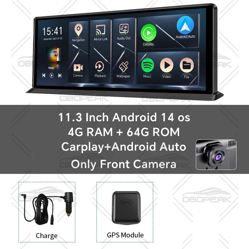 11.3" Android 14 Car Mirror Dash Cam with CarPlay, GPS & 1080P