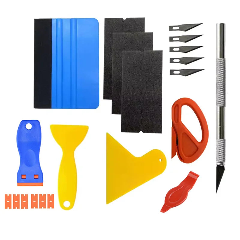 Car Film Wrapping Tool Kit Window Tinting Tools Vinyl Wrap Felt Squeegee Wrap Stick Vinyl Cutter Utility Knife Plastic Scraper