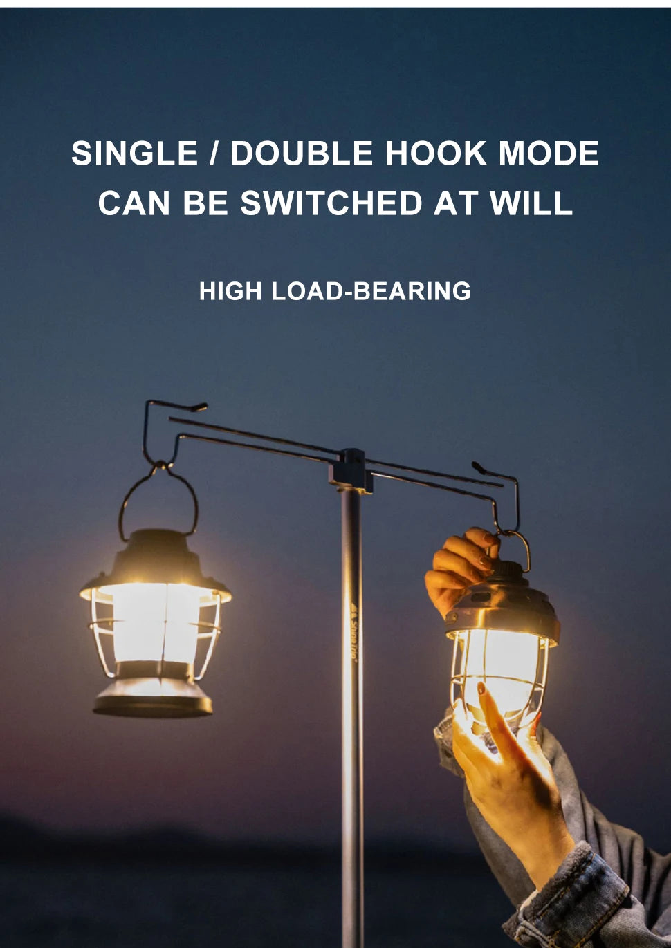 Camping Lantern Stand with Double Hooks, Foldable Aluminum Pole