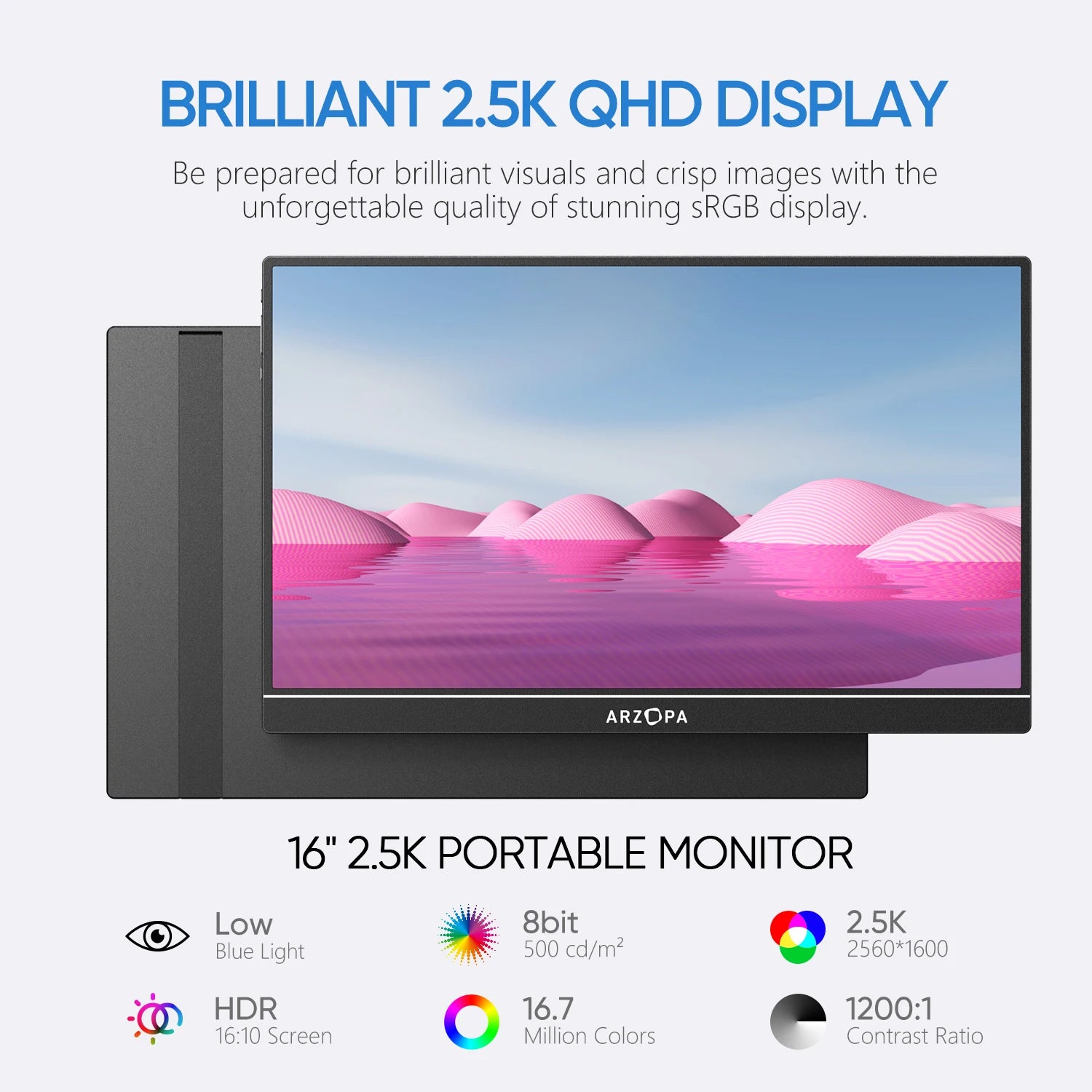 ARZOPA 16calowy 2K przenośny monitor 16:10 ekran IPS z mini HDMI typu C drugi wyświetlacz do MAC/laptopa/PC/Xbox/PS4/5/Switch,Z1RC