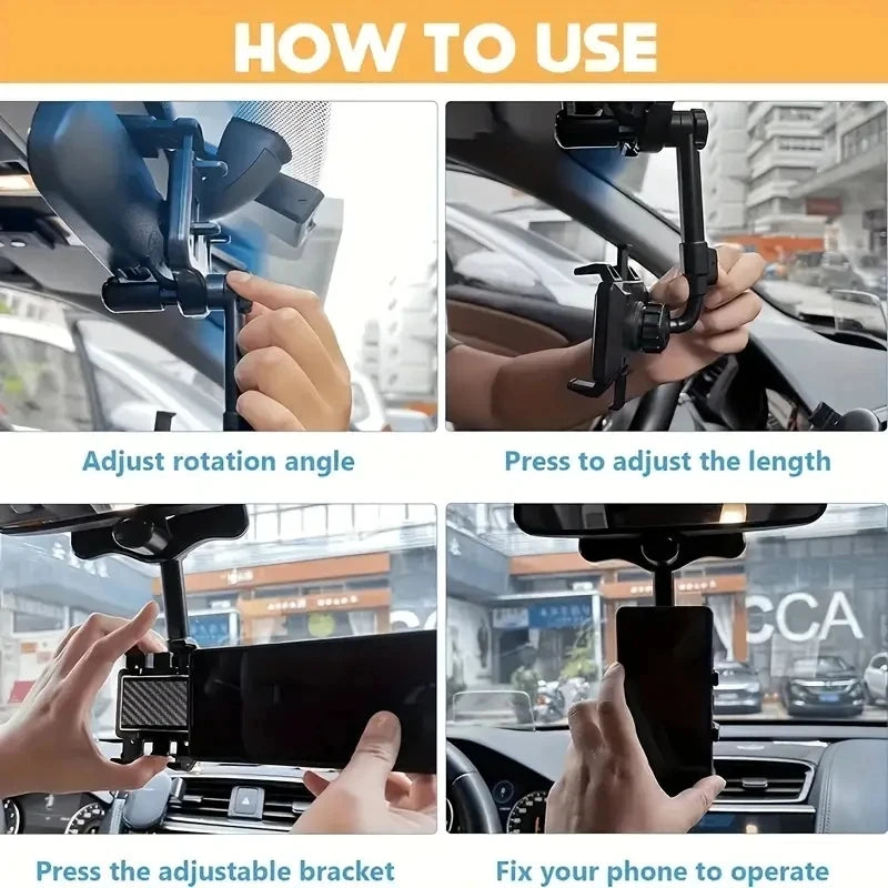 Support de téléphone réglable pour rétroviseur de voiture 360° Support de téléphone portable rétractable Clip Support GPS Support de téléphone mobile