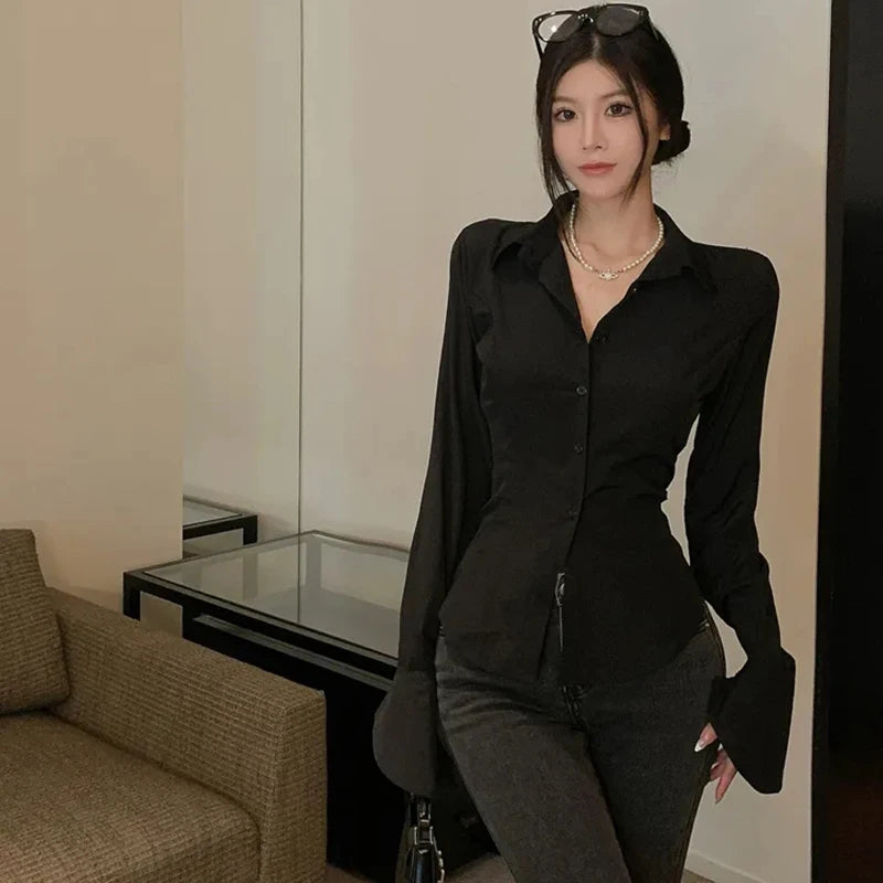 Gidyq Camicie fasciature da donna alla moda coreana All Match Streetwear camicetta sottile femminile camicia casual bianca con maniche a campana primaverile Novità