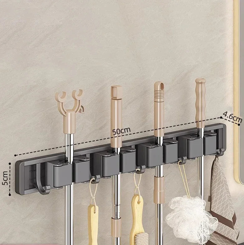 Wall-Mounted Mop and Broom Organiser, Grey