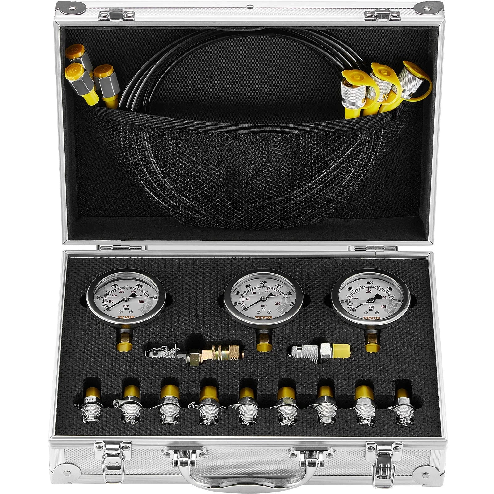 Sada pro testování hydraulického tlaku s 5 manometry a kompletní sadou adaptérů