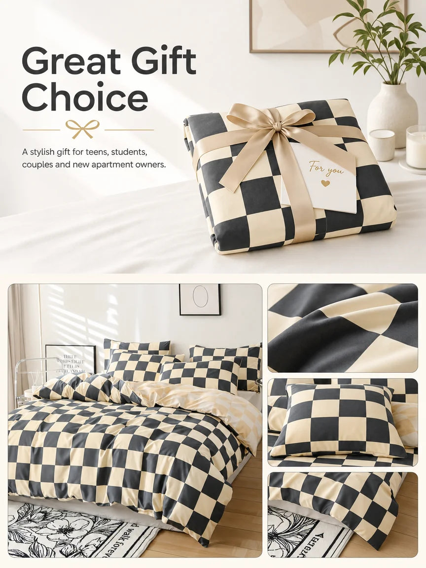 Black and Beige Checkered Duvet Cover 3-Piece Set, Modern Checkered Bedding Set, Soft Bedspread with Pillowcases, Available for Single, Double, King, and Queen Beds