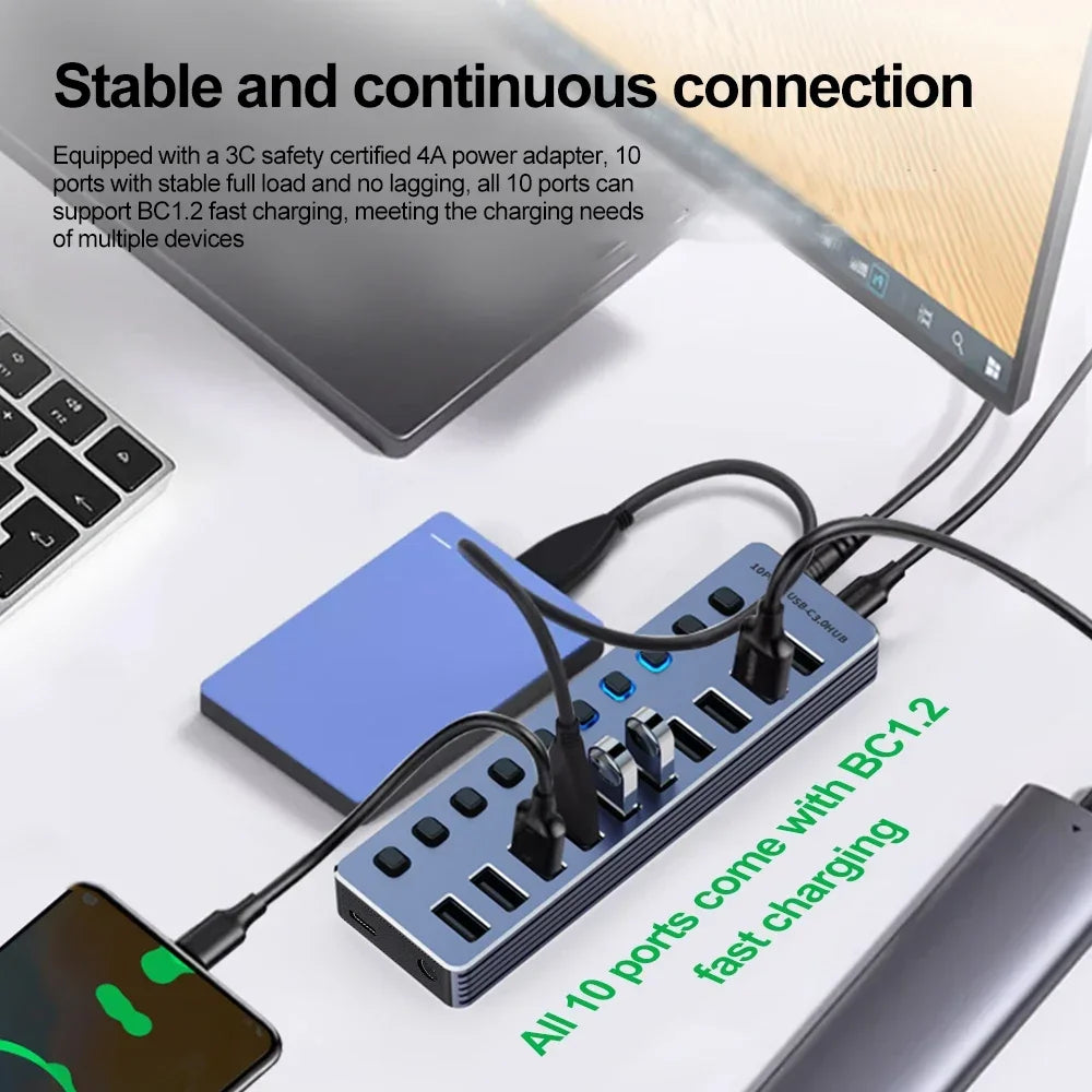 USB-C Hub with Individual Switches, 7 or 10 USB 3.0 Ports
