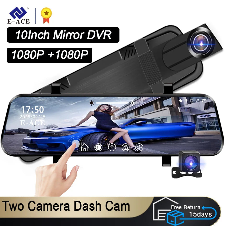 10 Inch Car DVR Car Touch Screen video Recorder Dual 1080P Rearview Mirror Front and Rear HD Night Vision Camera Mirror 