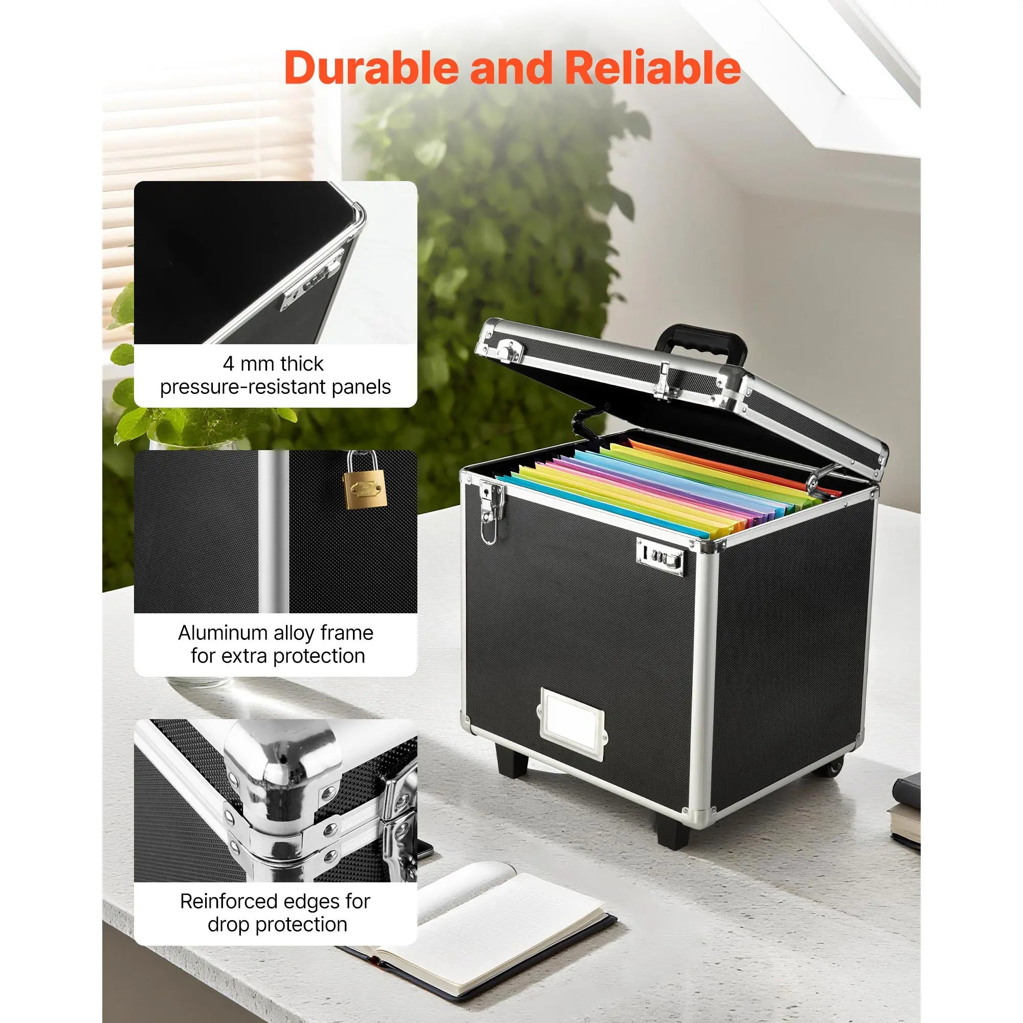 Portable Rolling File Storage Box with Lock & Telescopic Handle