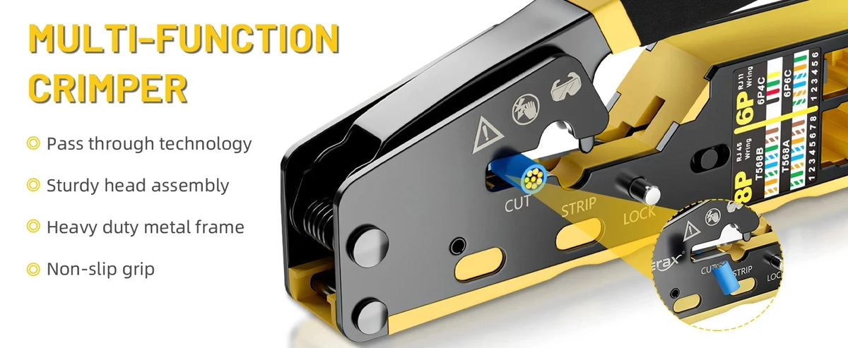 Pass-Through RJ45 Crimp, Cut and Strip Tool