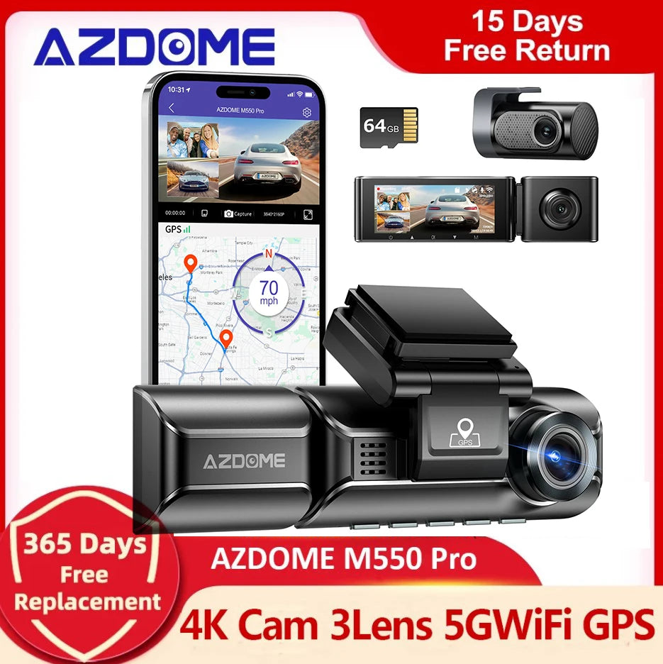 Upgrade AZDOME Car DVR M550 Pro Dash Cam 4K 5.8Ghz WiFi 2 or 3 Cameras Front/Cabin/Rear Cam GPS Night Vision Parking Monitor