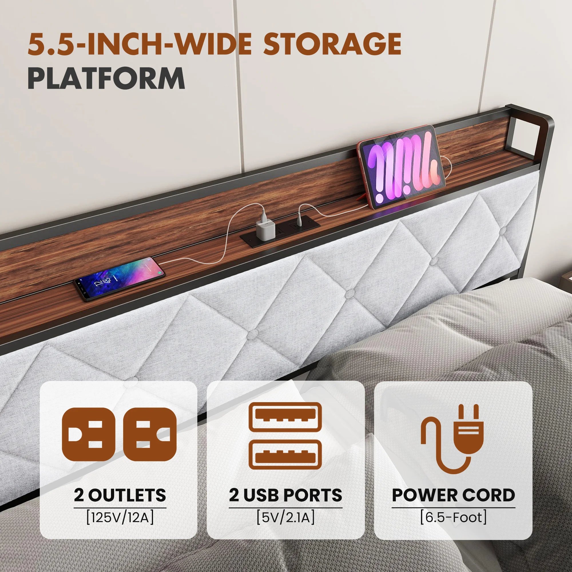 King Size Metal Bed Frame with Storage & Charging Headboard