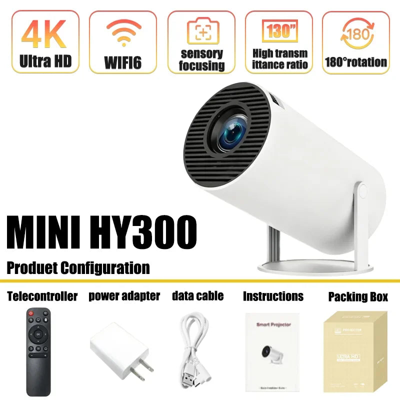 Ny SmartProjector Mini HY300 8K Android 11 Dubbel Wifi6 290ANSI Allwinner H726 BT5.4 1080P 1280*720P Hemmabiougn Outdoor Projektor