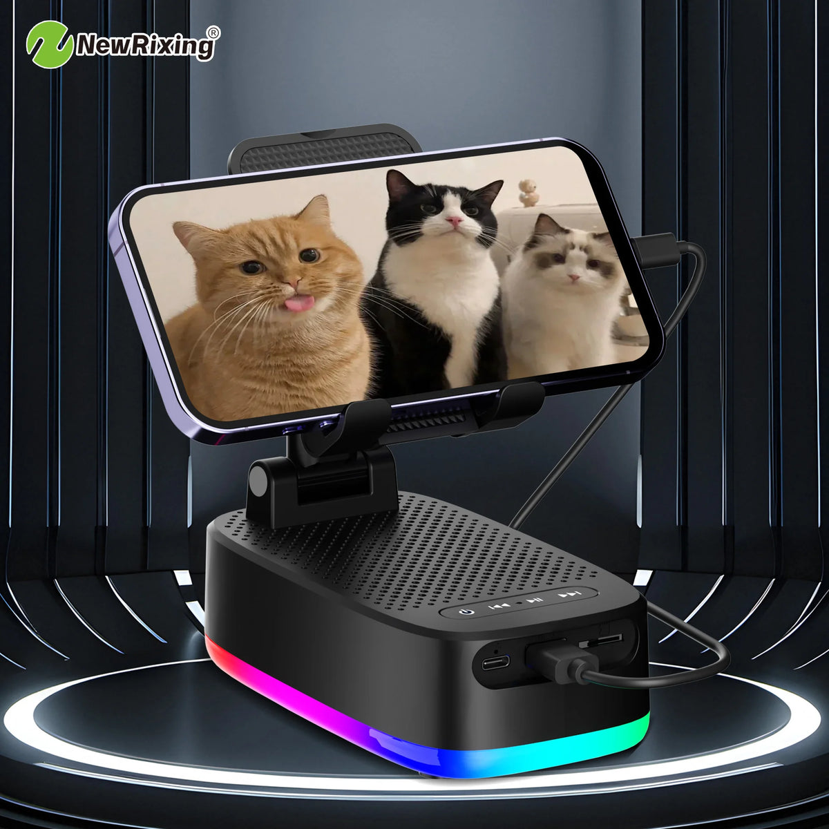Wireless Phone Holder, Portable Speaker, Speaker Phone Holder, Emergency Power Bank, 1800mAh Battery, USB Charging, Hands-Free